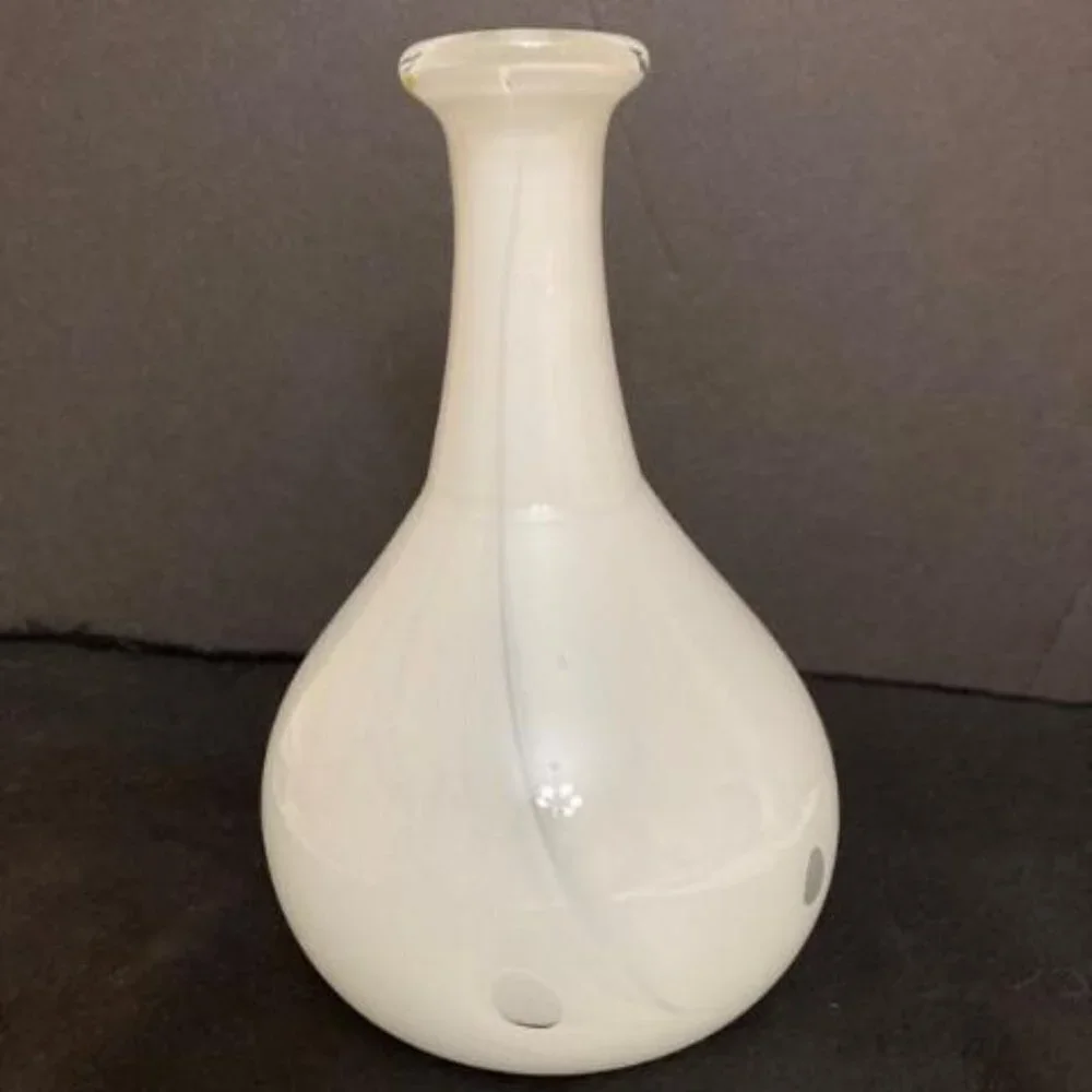 Hand‎ Blown Art Glass Vase White Yellow Rimmed Bulbous Abstract Signed